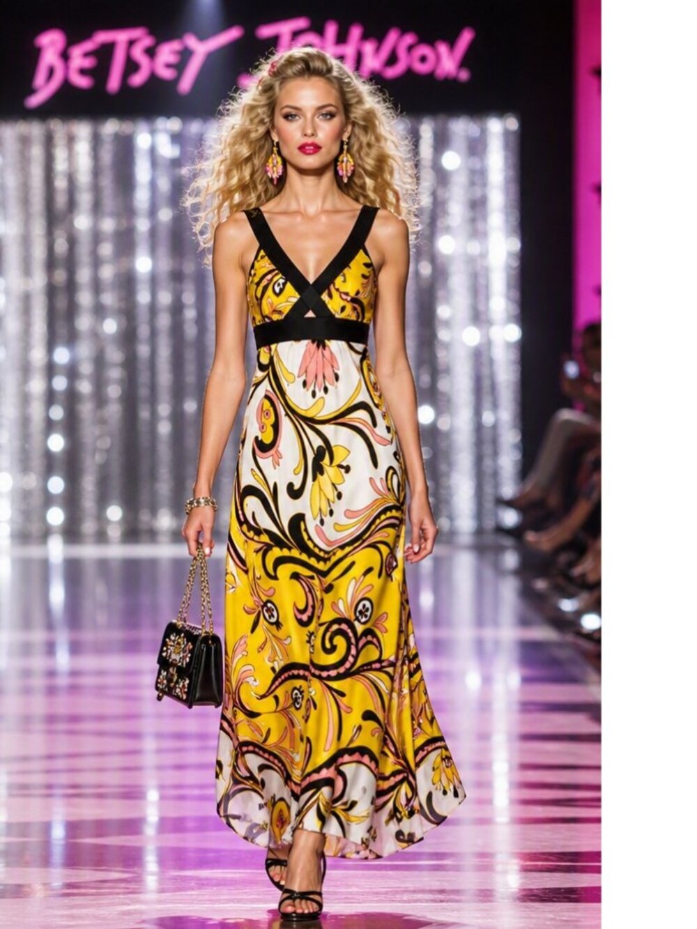 Vintage Betsey Johnson Slip Dress Y2K Floral Pink Yellow Lily Long Maxi Whimsy
